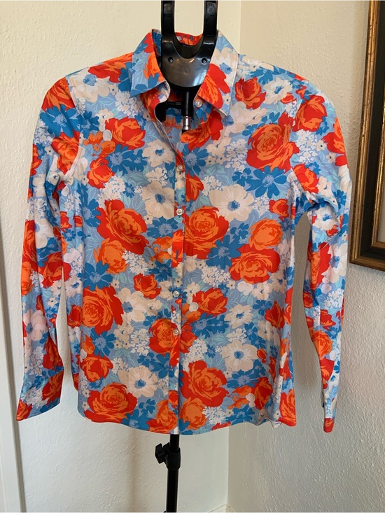Lands' End Tops - Lands' End Blouse Women Orange & Blue Floral Button Down Shirt